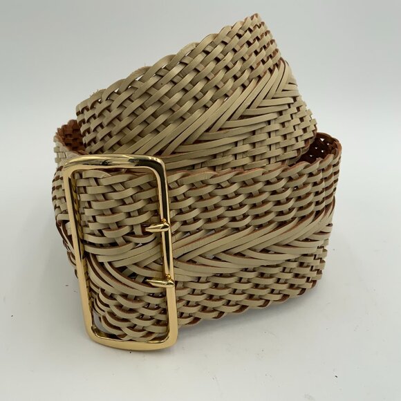 Linea Pelle Accessories - Linea Pelle Women's Cream Leather Woven Braided Wide Belt Brass Buckle - Size S